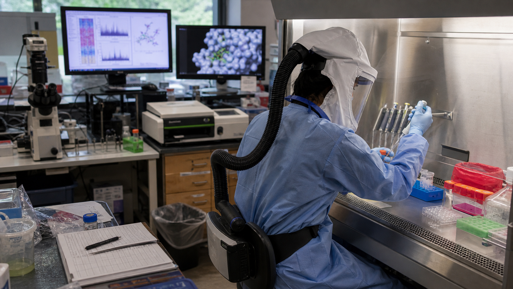 Researcher in full BSL-3 PPE working at a biosafety cabinet with multi-omics and structural biology data on monitors