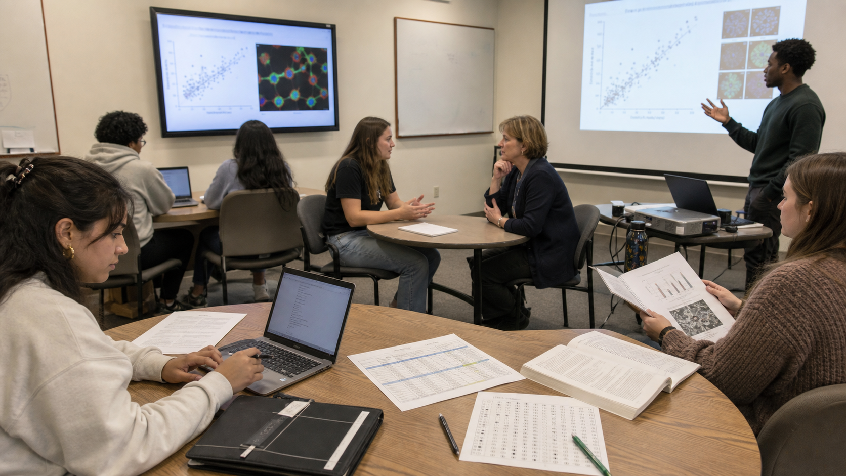 Students and instructor discussing research data in a seminar classroom — BSC 497 Senior Practicum