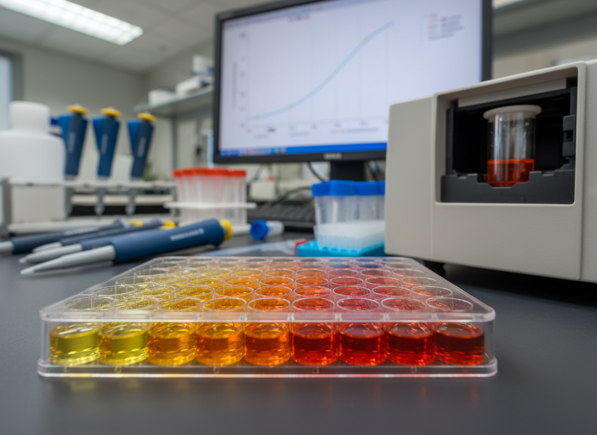 96-well microplate colorimetric biochemical assay — spectrophotometer and bacterial growth measurement in microbiology lab